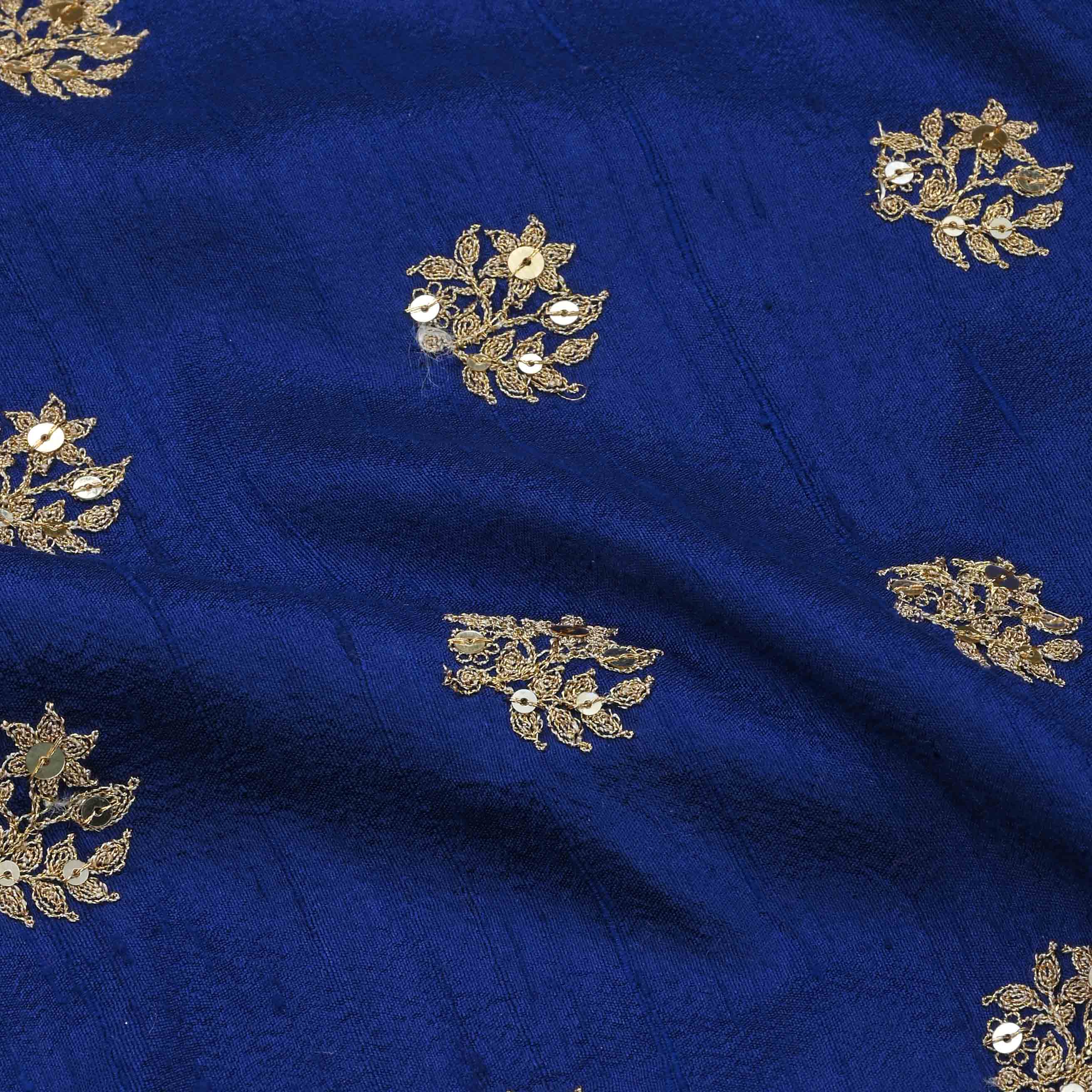 Royal Blue Raw Silk Embroidered Fabric