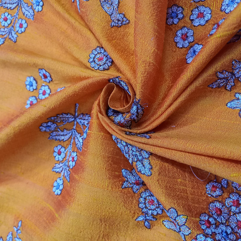 Orange Colour Dupion Rawsilk Fabric With Thread Embroidery