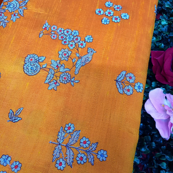 Orange Colour Dupion Rawsilk Fabric With Thread Embroidery