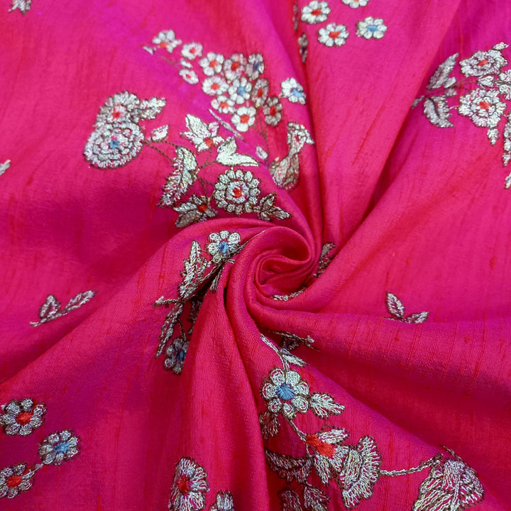 Magenta Pink Colour Dupion Rawsilk Fabric With Thread Embroidery