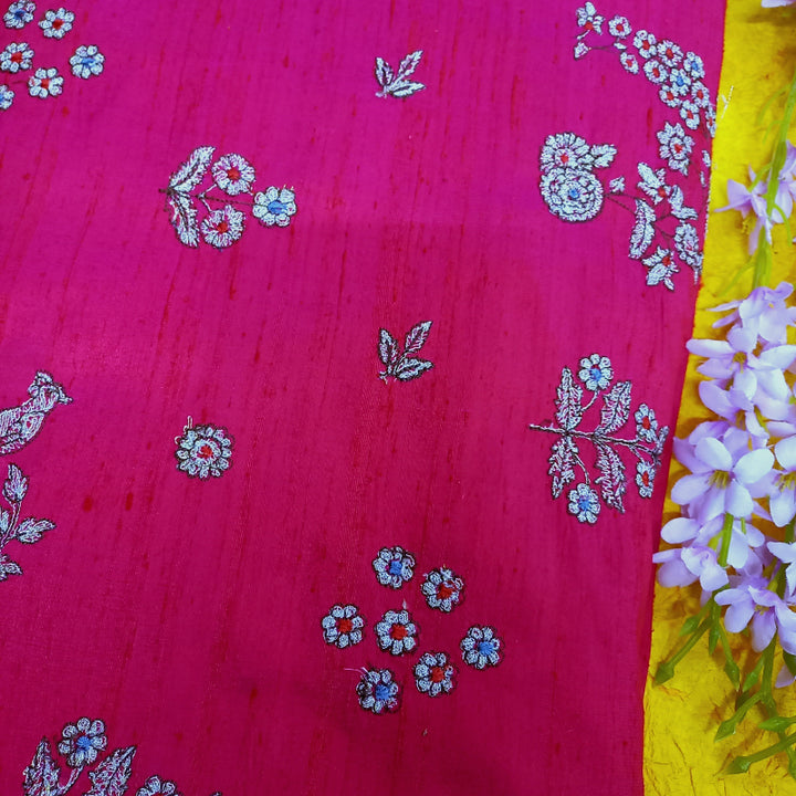 Magenta Pink Colour Dupion Rawsilk Fabric With Thread Embroidery