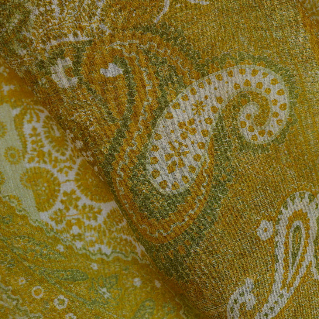 Moss Green Color Chiffon Fabric With Floral Paisley Printed Pattern