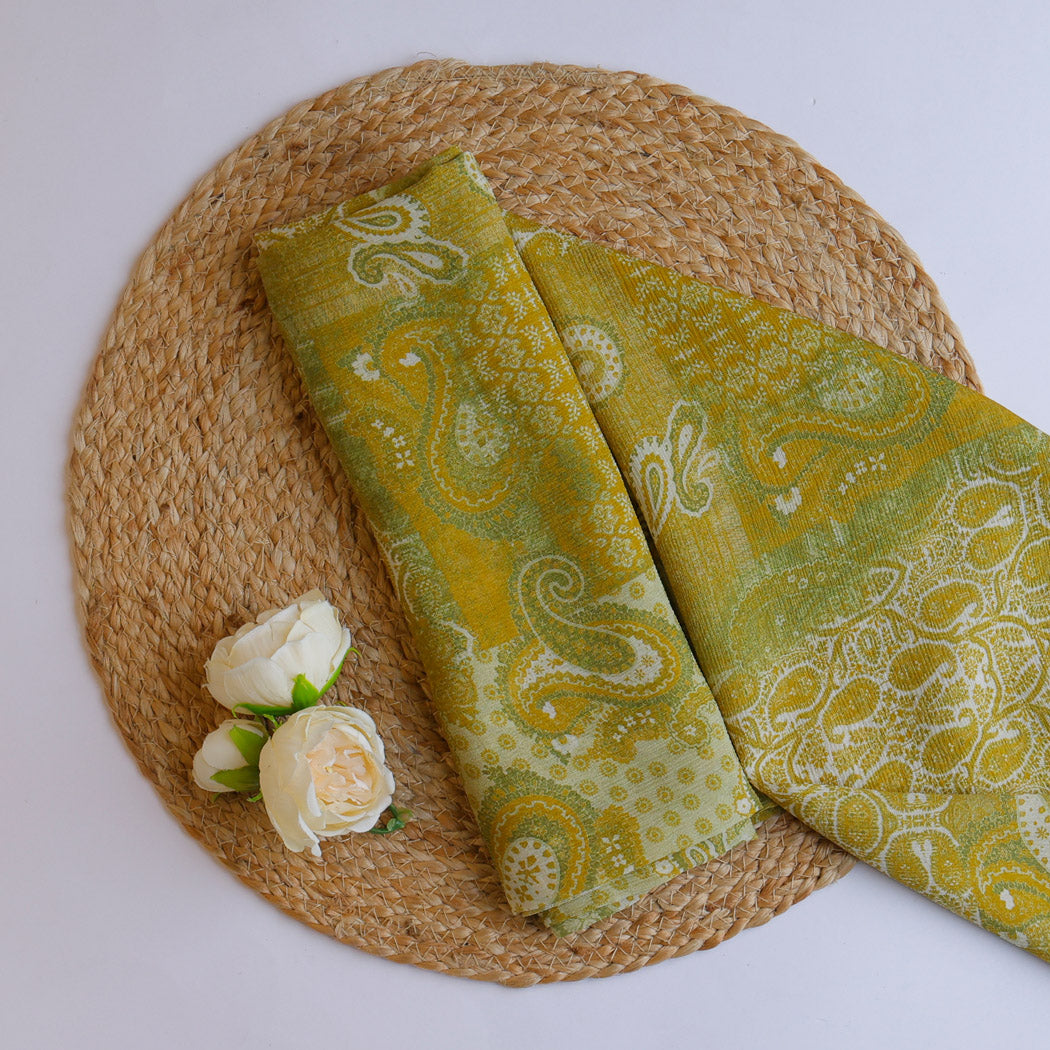 Moss Green Color Chiffon Fabric With Floral Paisley Printed Pattern