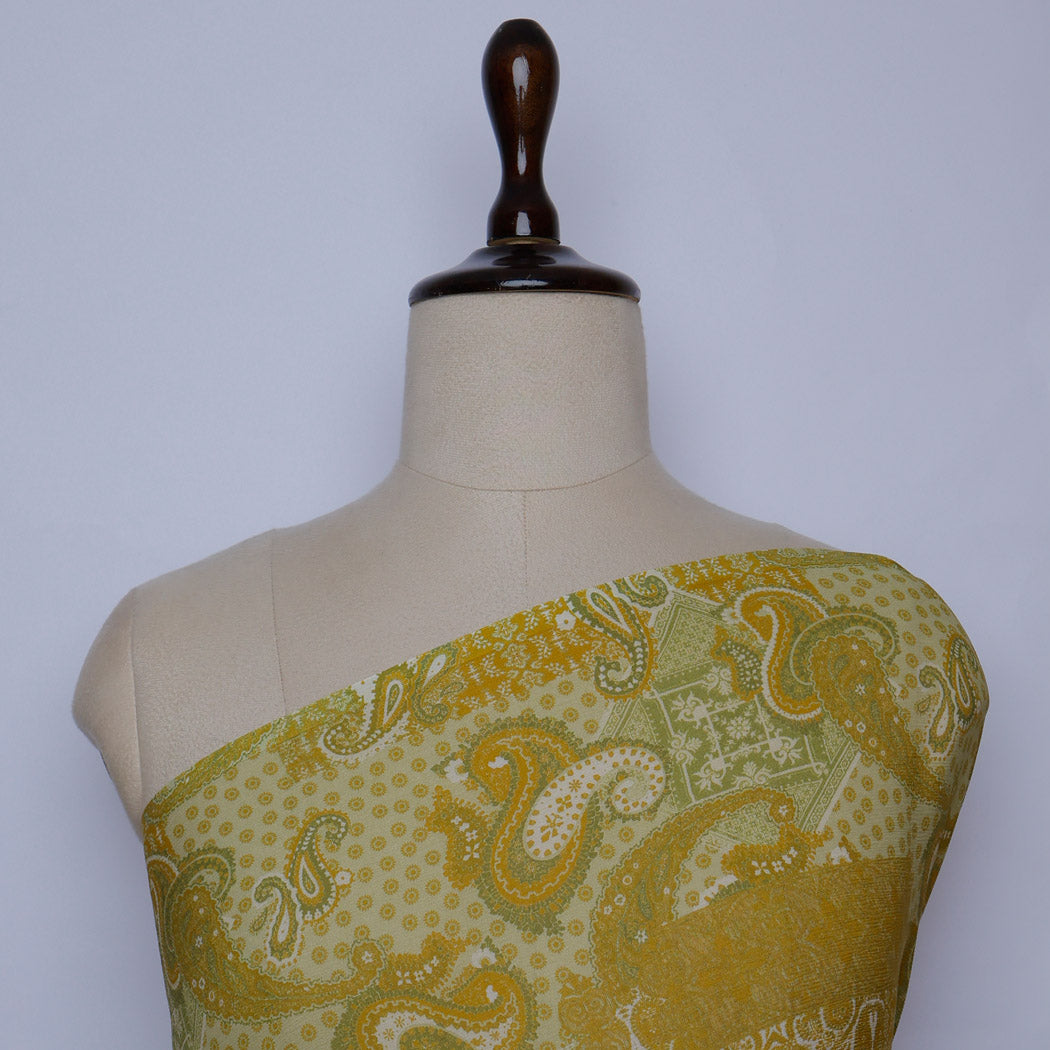 Moss Green Color Chiffon Fabric With Floral Paisley Printed Pattern