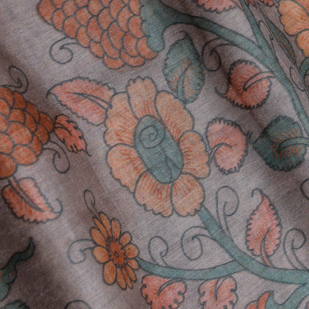 Pastel Grey Color Tussar Fabric With Kalamkari Floral Motif Pattern