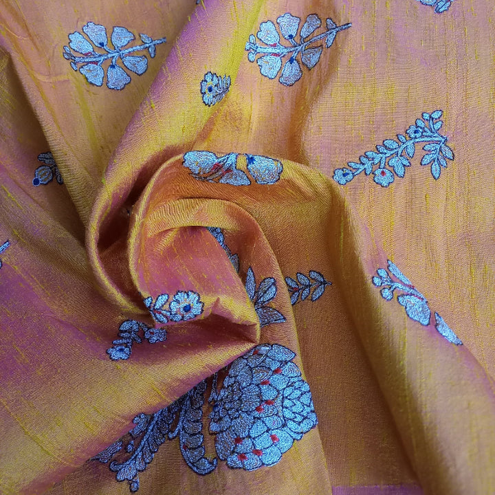 Duel Shade Of Orange And Yellow Raw Silk Flower Buttas Fabric