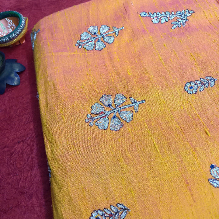Duel Shade Of Orange And Yellow Raw Silk Flower Buttas Fabric
