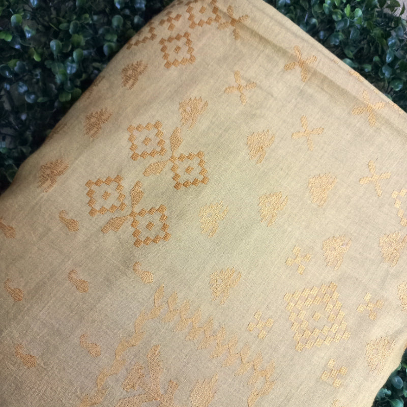 Light Gold Colour Tussar Embroidered Fabric