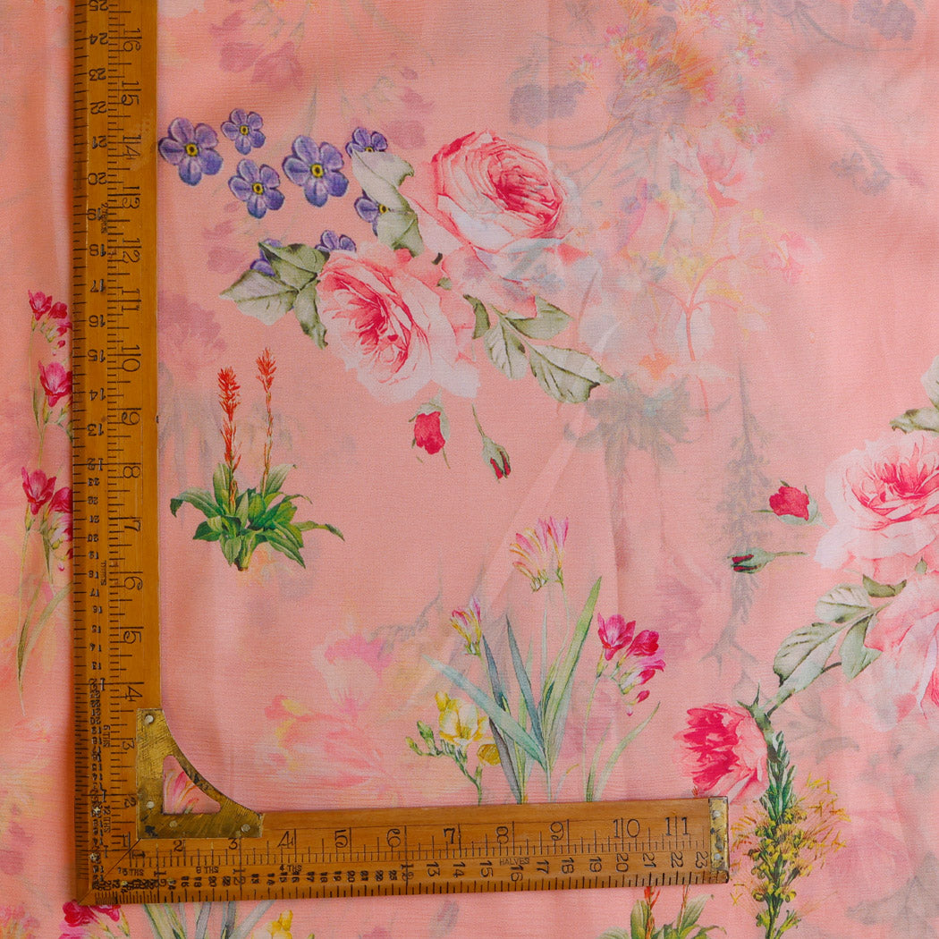 Pastel Pink Color Chiffon Fabric With Floral Printed Motifs