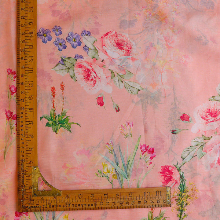 Pastel Pink Color Chiffon Fabric With Floral Printed Motifs