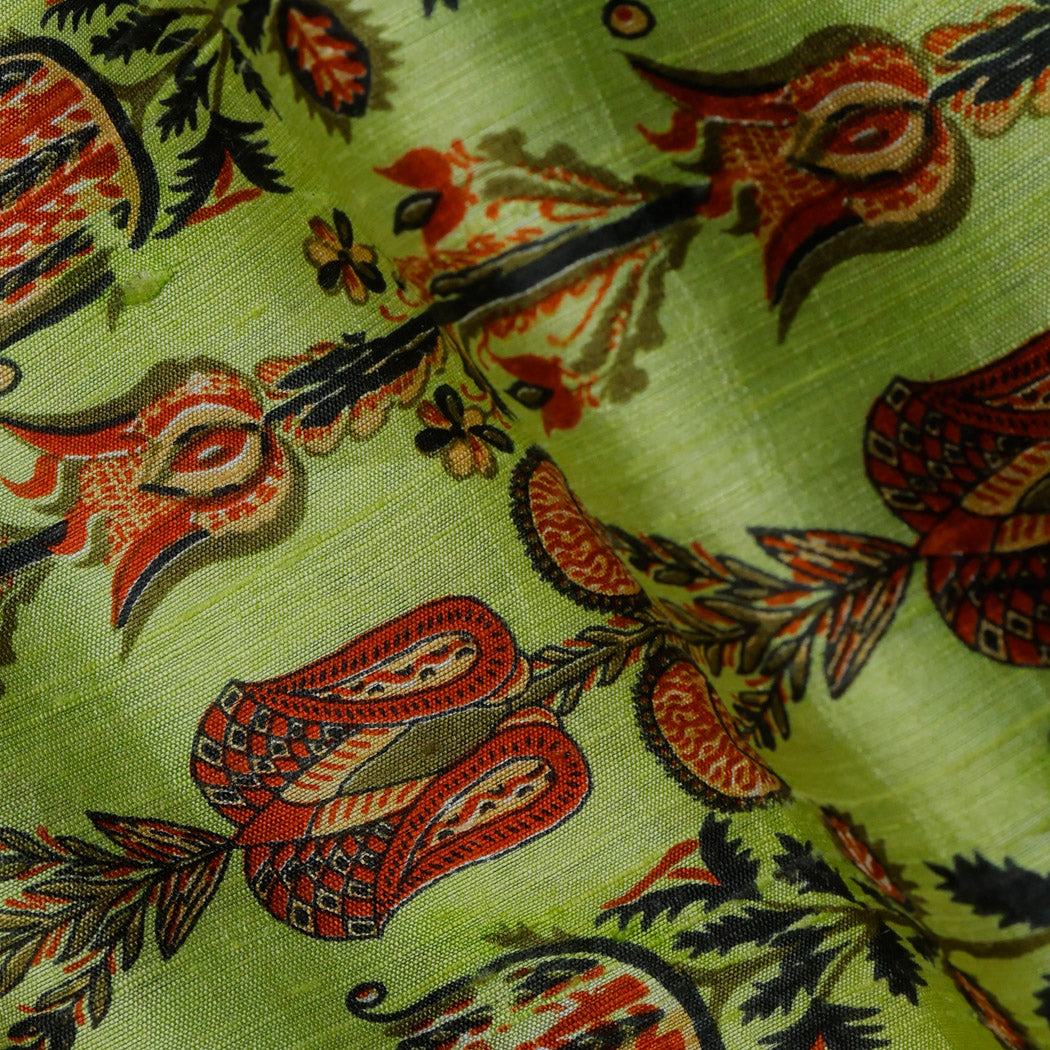 Light Green Color Dupion Fabric With Floral Printed Motifs