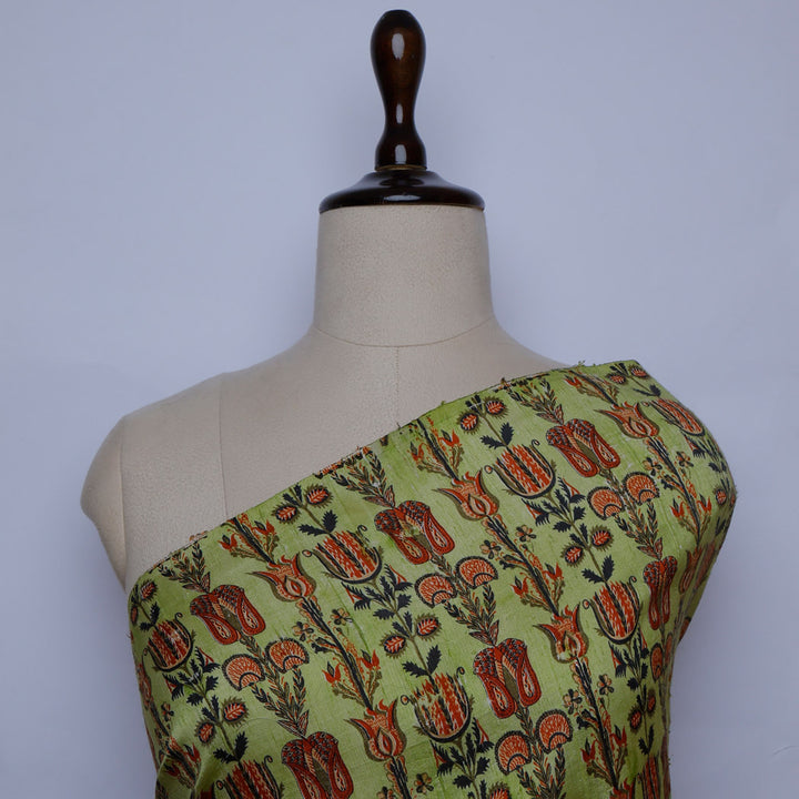 Light Green Color Dupion Fabric With Floral Printed Motifs
