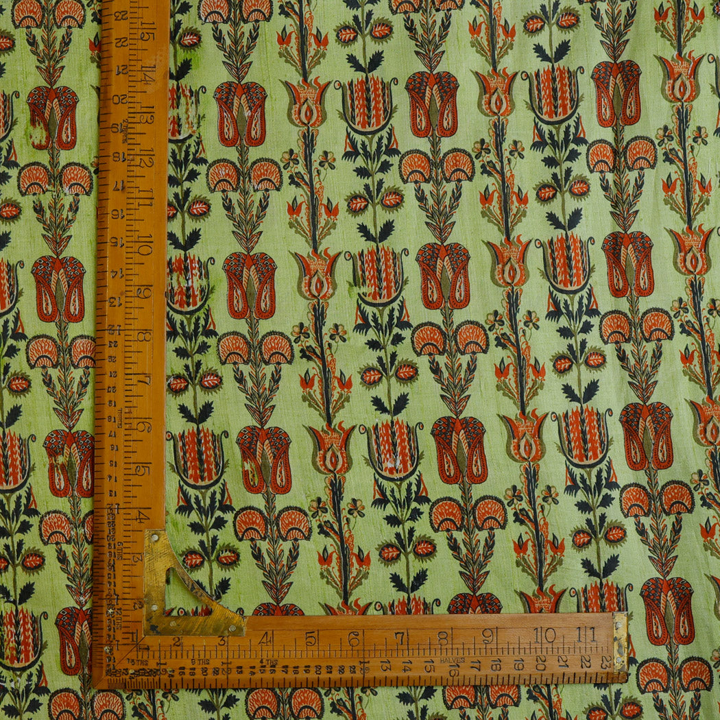 Light Green Color Dupion Fabric With Floral Printed Motifs