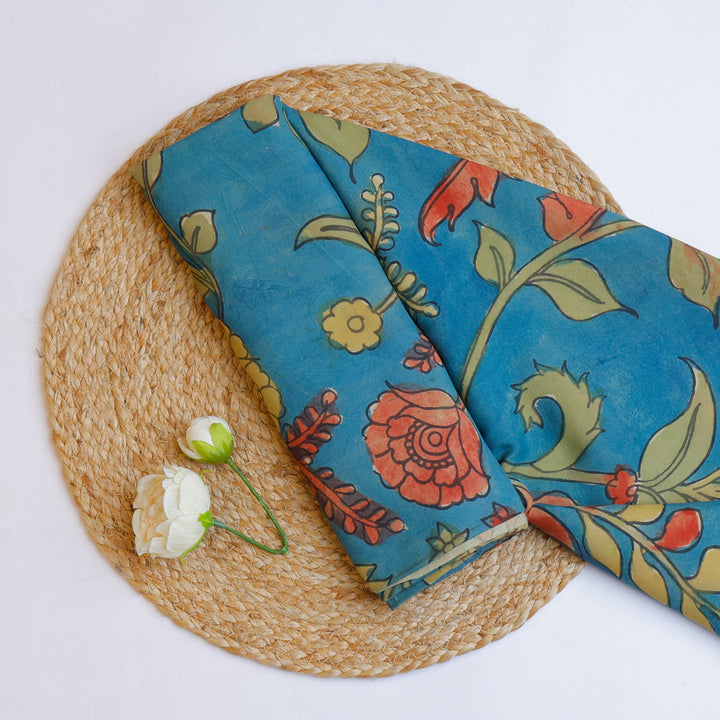 Turquoise Blue Color Silk Fabric With Floral Motif Pattern