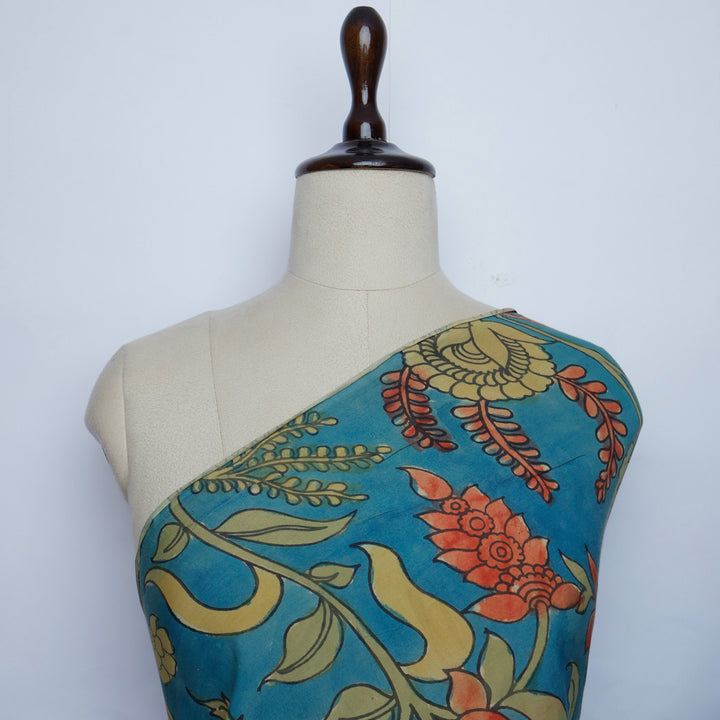 Turquoise Blue Color Silk Fabric With Floral Motif Pattern