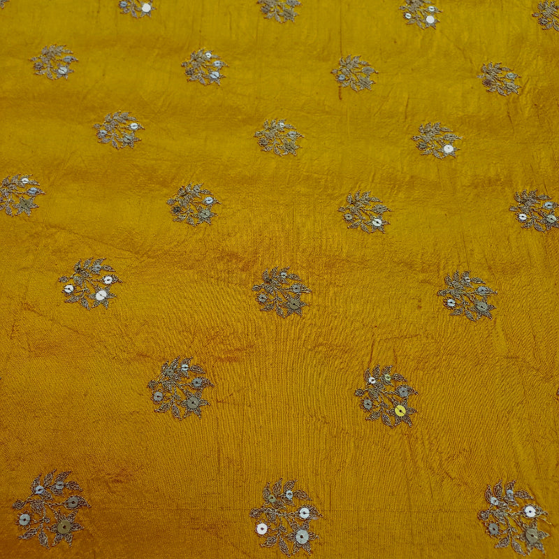 Canaray Yellow Color Floral Embroidery Rawsilk Fabric