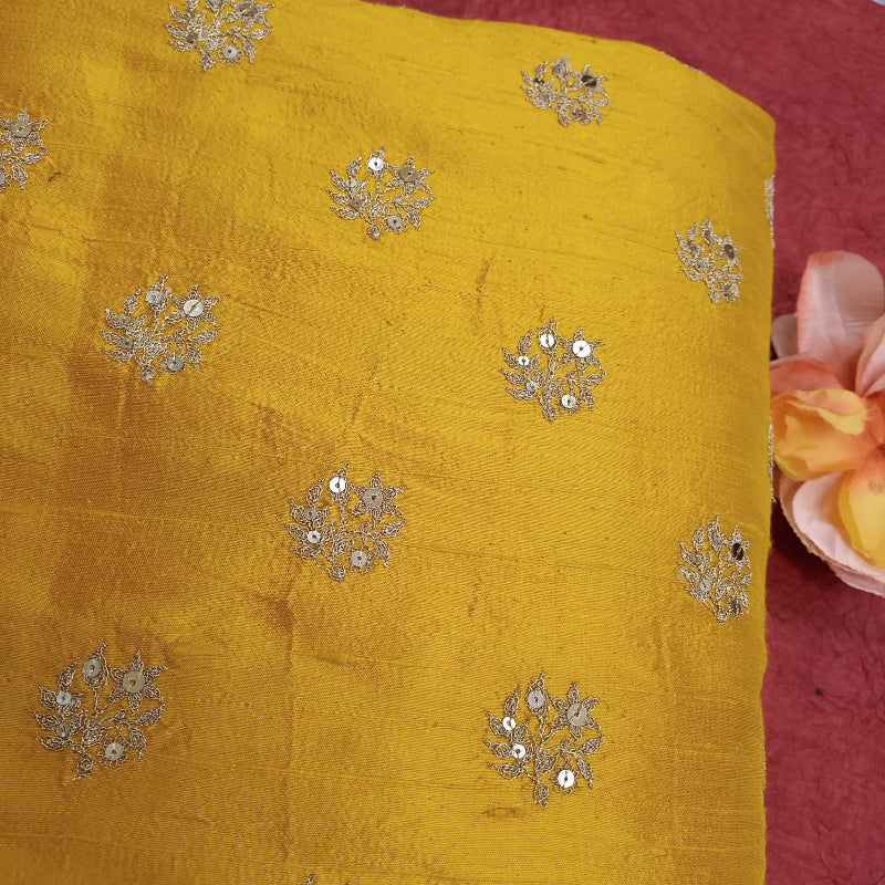 Canaray Yellow Color Floral Embroidery Rawsilk Fabric