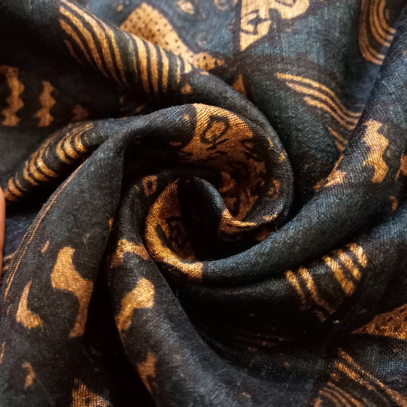 Navy Blue Color Printed Dupion Silk Fabric