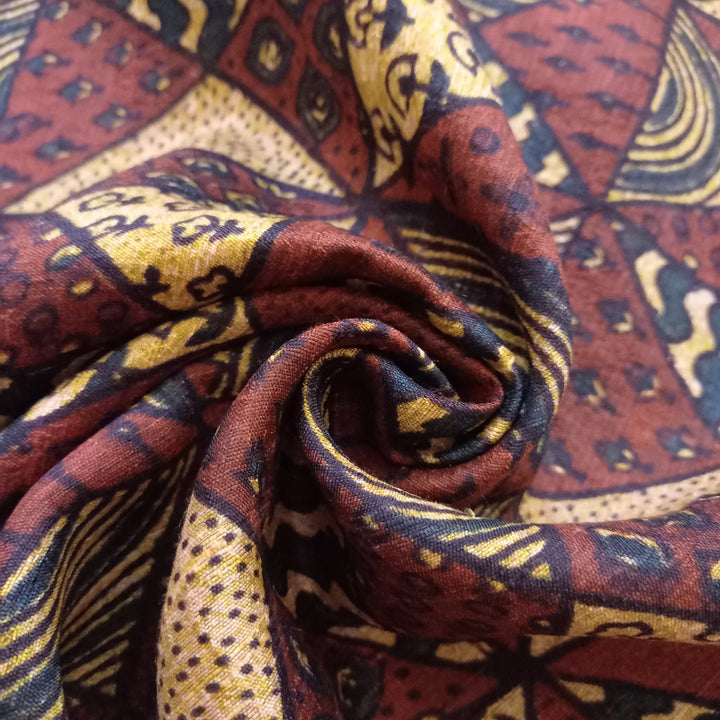 Chocolate Brown Color Raw Silk Ajrakh Printed Fabric