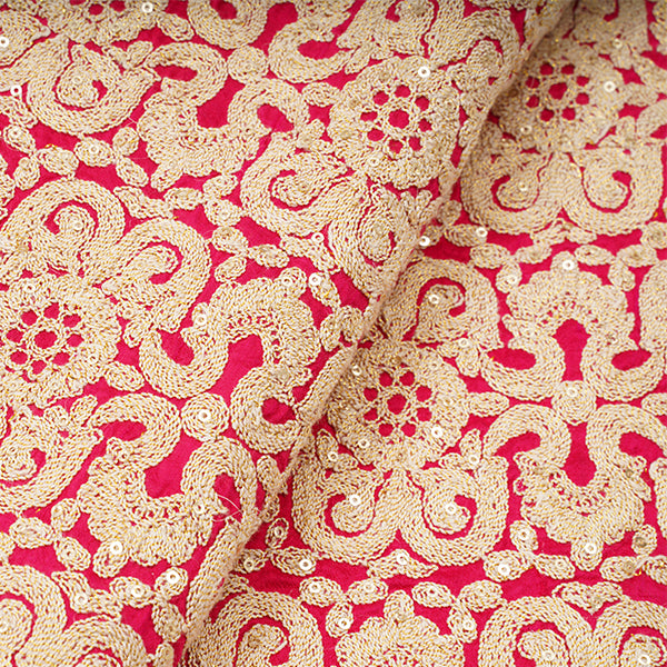 Raspberry Red Floral Pattern Jaal Zari Thread Embroidery Rawsilk Fabric
