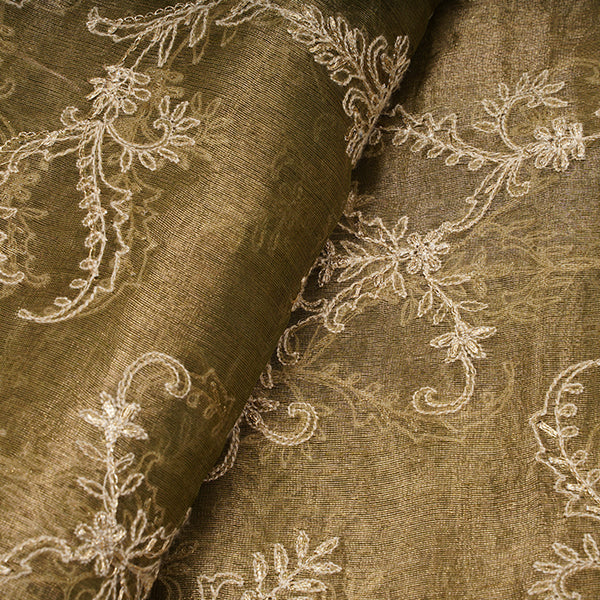 Olive Brown Floral Jaal Thread Work Embroidery Tissue Fabric