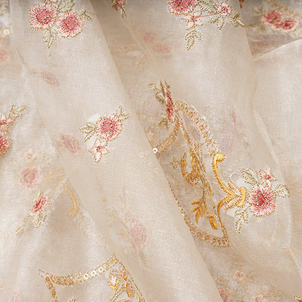 Blanc Color Floral Motifs Embroidery Tissue Fabric