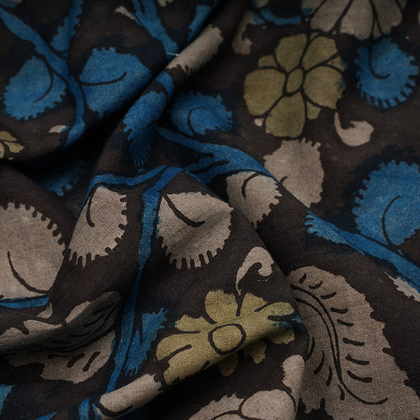 Block Brown Floral Jaal Hand Painted Kalamkari Handloom Fabric