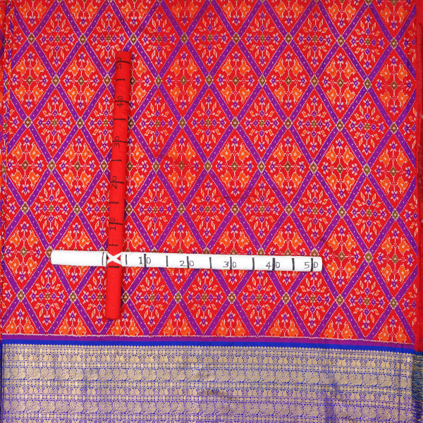 Torch Red Ikat Silk Handloom Fabric With Kanjivaram Border