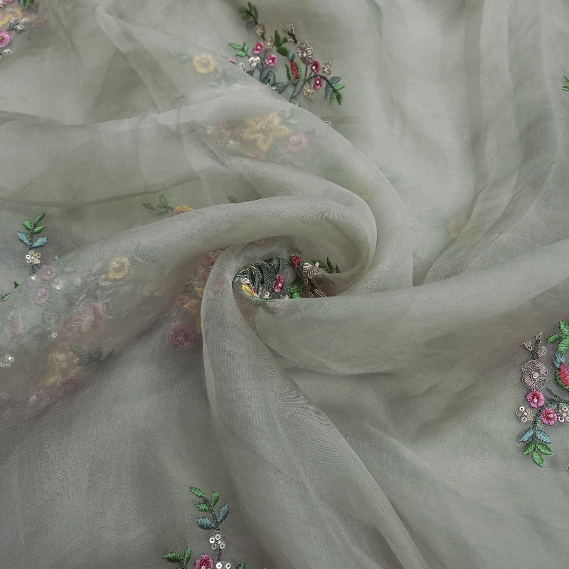 Harbor Grey Color Organza Fabric With Floral Emboridery