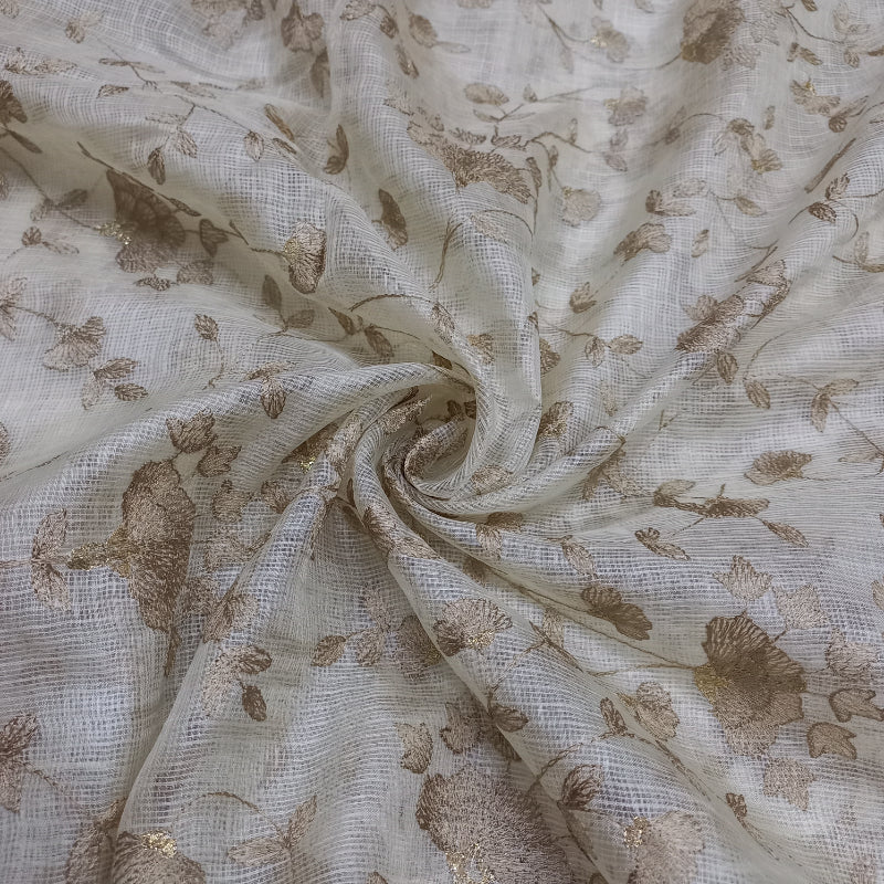 Shwetha Dyeable White Zari Floral Embroidered Kota Silk Fabric