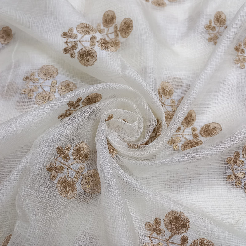 Shwetha Dyeable White Zari Floral Embroidered Kota Silk Fabric