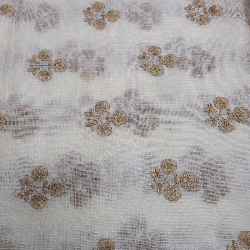 Shwetha Dyeable White Zari Floral Embroidered Kota Silk Fabric