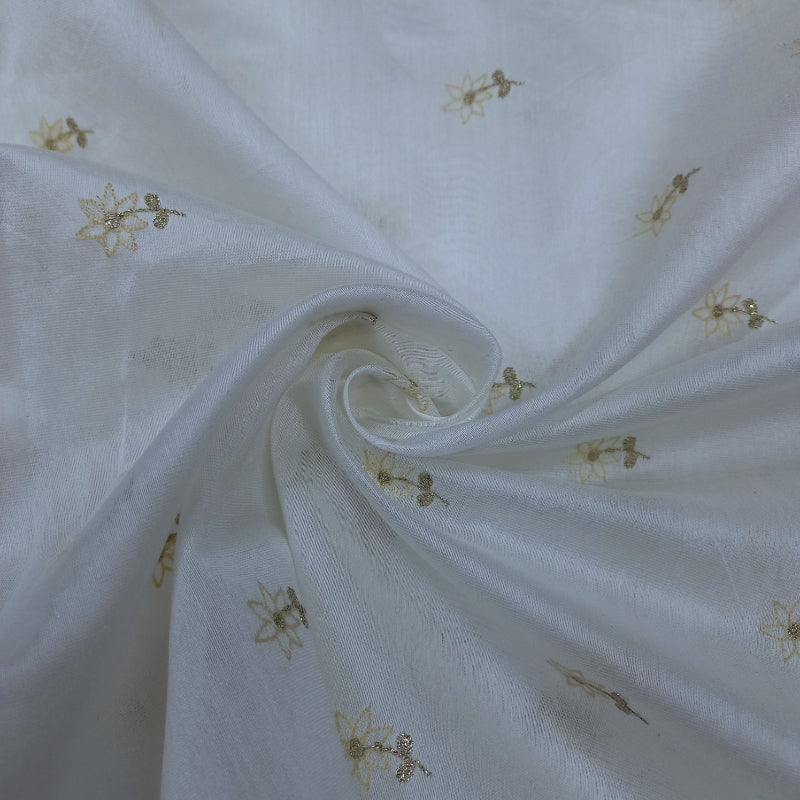 White Chanderi Embroidery Fabric With Floral Thread Work