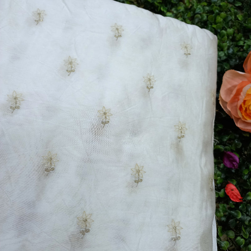 White Chanderi Embroidery Fabric With Floral Thread Work