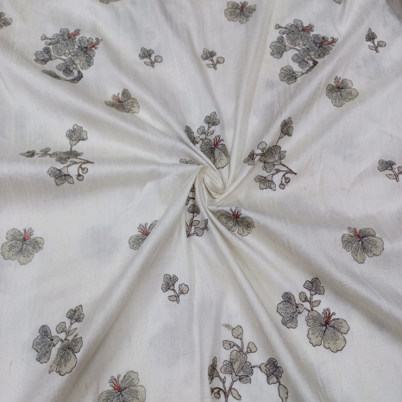 Chalk White Dyeable Dupion Silk Floral Embroidered Fabric