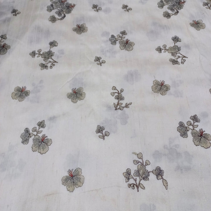 Chalk White Dyeable Dupion Silk Floral Embroidered Fabric
