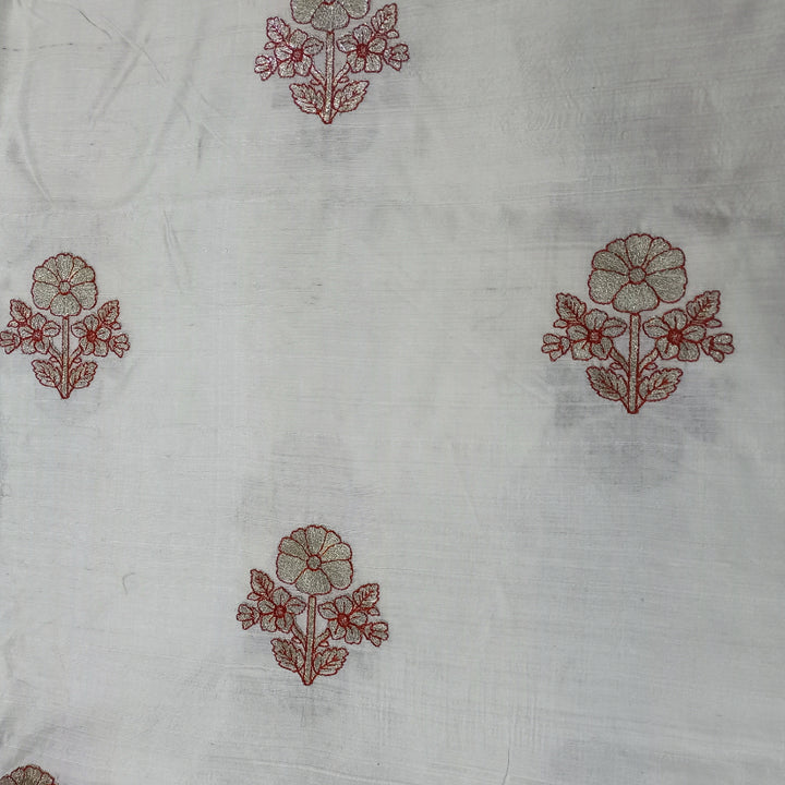 White Dyeable Dupion Raw Silk Fabric With Floral Embroidery