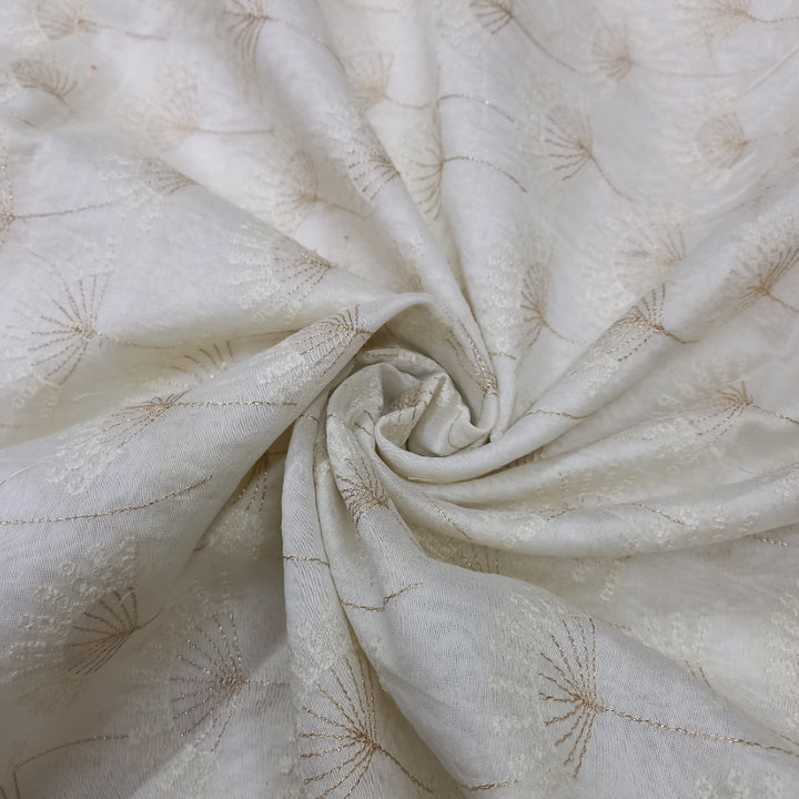 White Chanderi Embroidery Fabric With Golden FloralThread Work