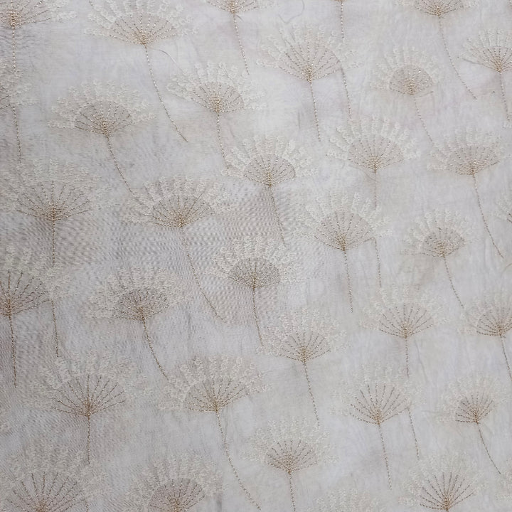 White Chanderi Embroidery Fabric With Golden FloralThread Work