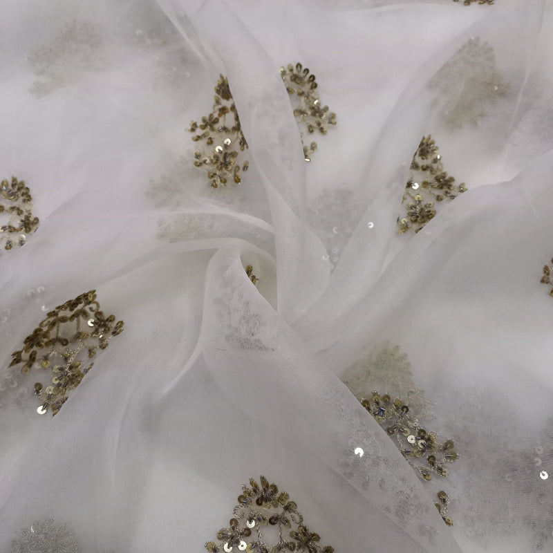 Shwetha Dyeable White Floral Sequins Embroidered Organza Fabric