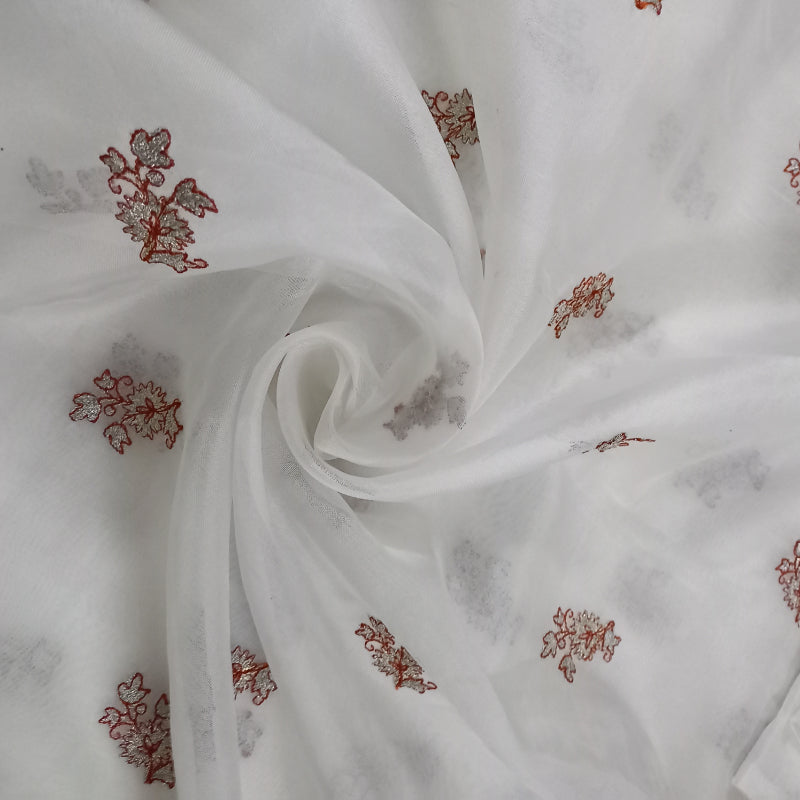 White Dyeable Organza Fabric with Zari Embroidery