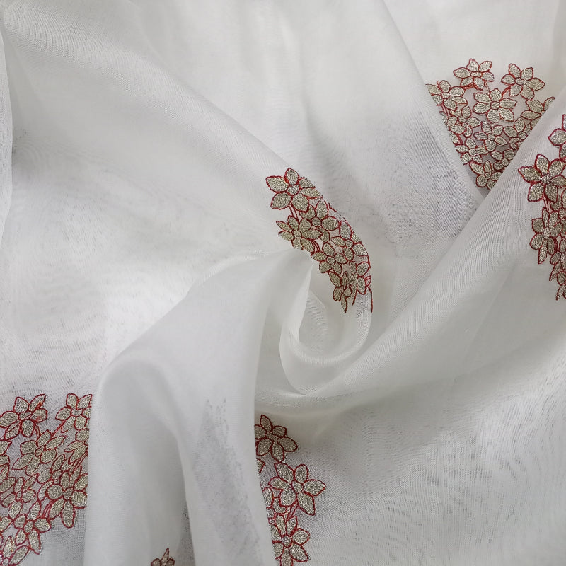 White Dyeable Organza Fabric With Floral Embroidery