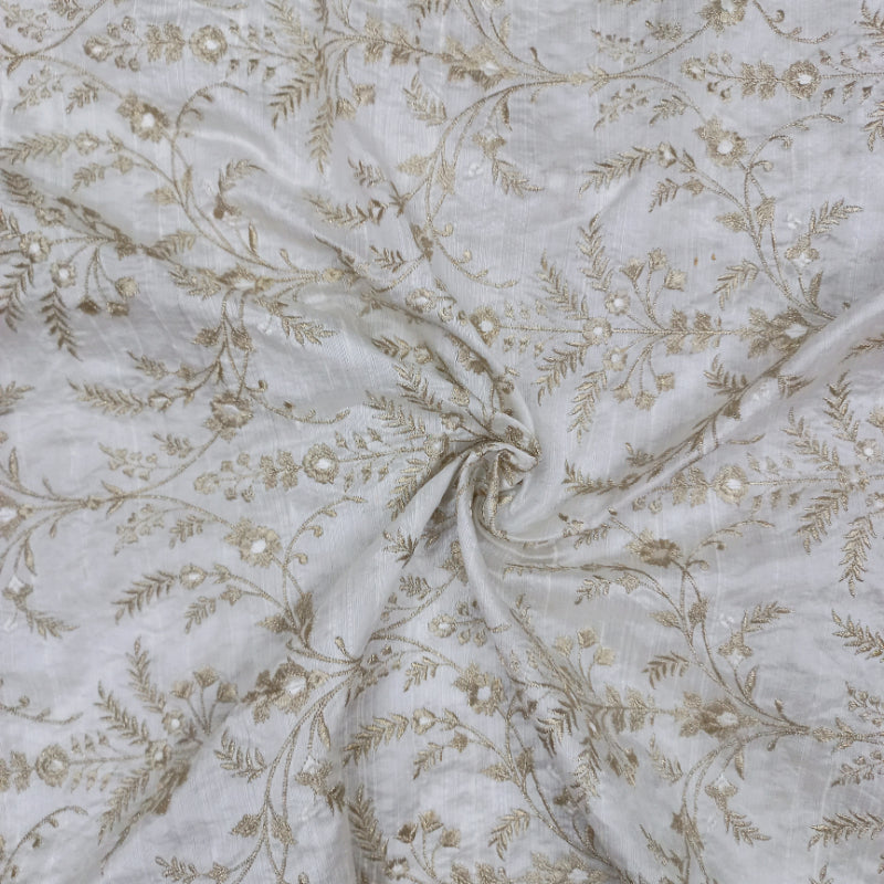 White Dyeable Dupion Silk Floral Embroidered Fabric