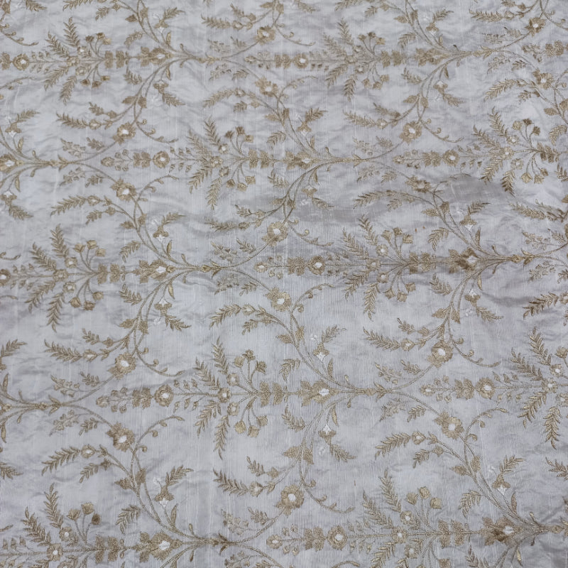 White Dyeable Dupion Silk Floral Embroidered Fabric