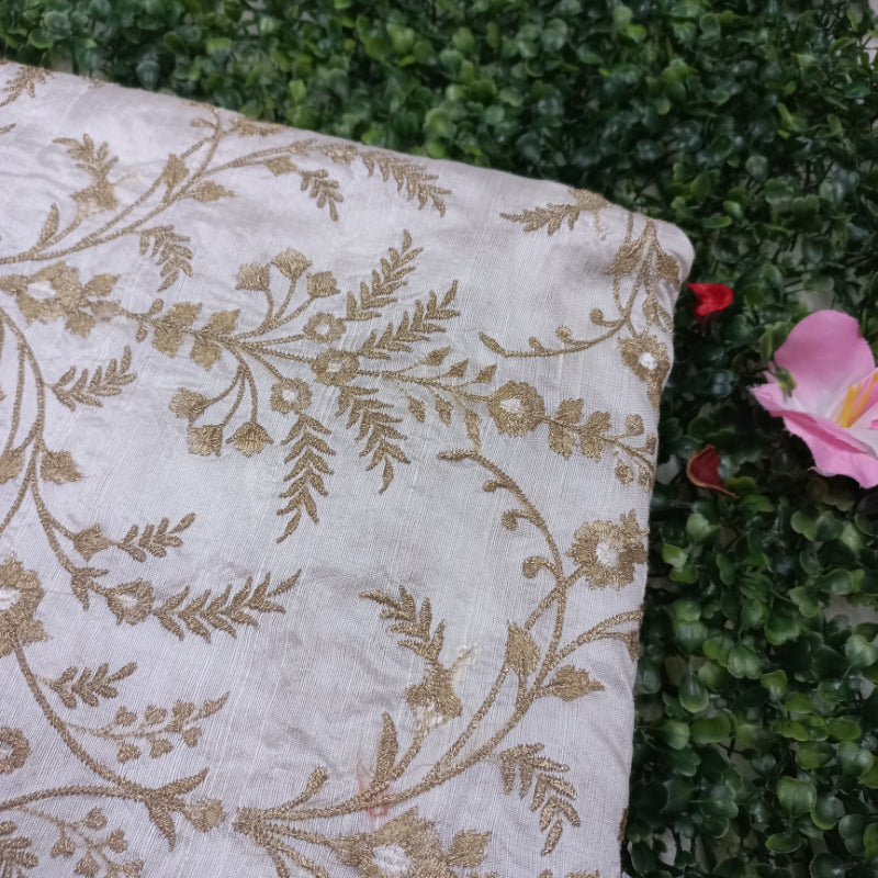 White Dyeable Dupion Silk Floral Embroidered Fabric