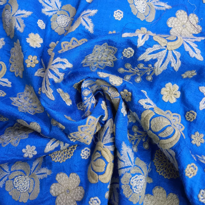 Azure Blue Colour Dupion Silk Embroidered Fabric