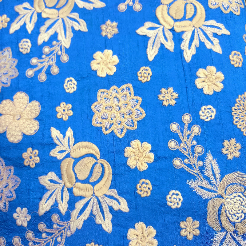 Azure Blue Colour Dupion Silk Embroidered Fabric