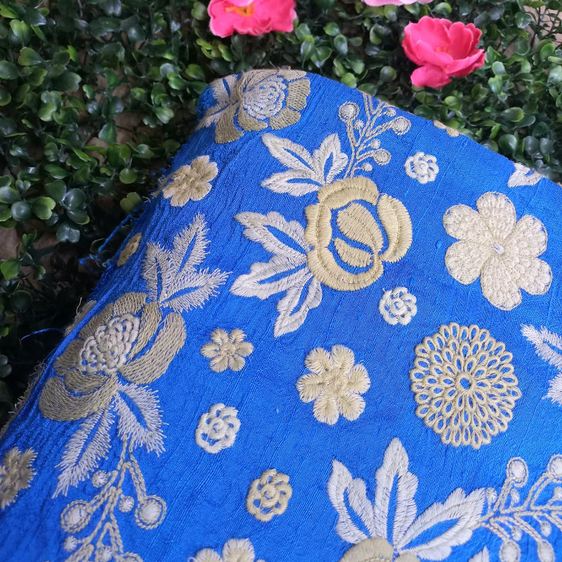 Azure Blue Colour Dupion Silk Embroidered Fabric