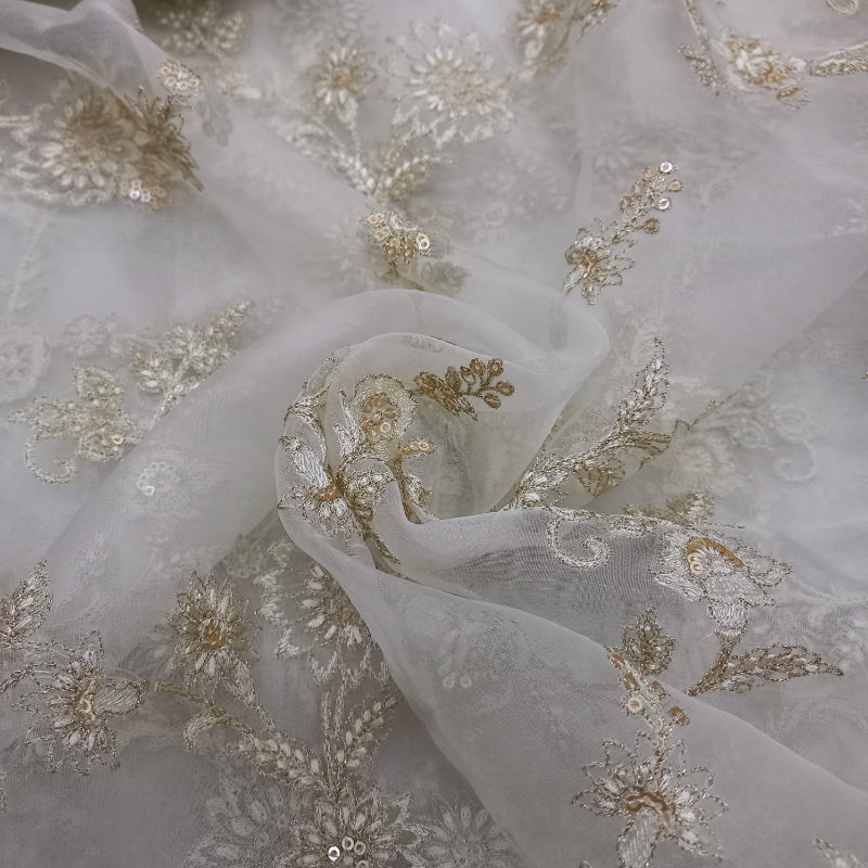 Shwetha Dyeable White Floral Embroidered Organza Fabric