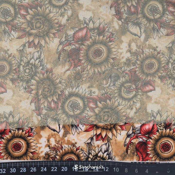 Multi-Color Sunflower Printed On White With Shimmer Fancy Fabric